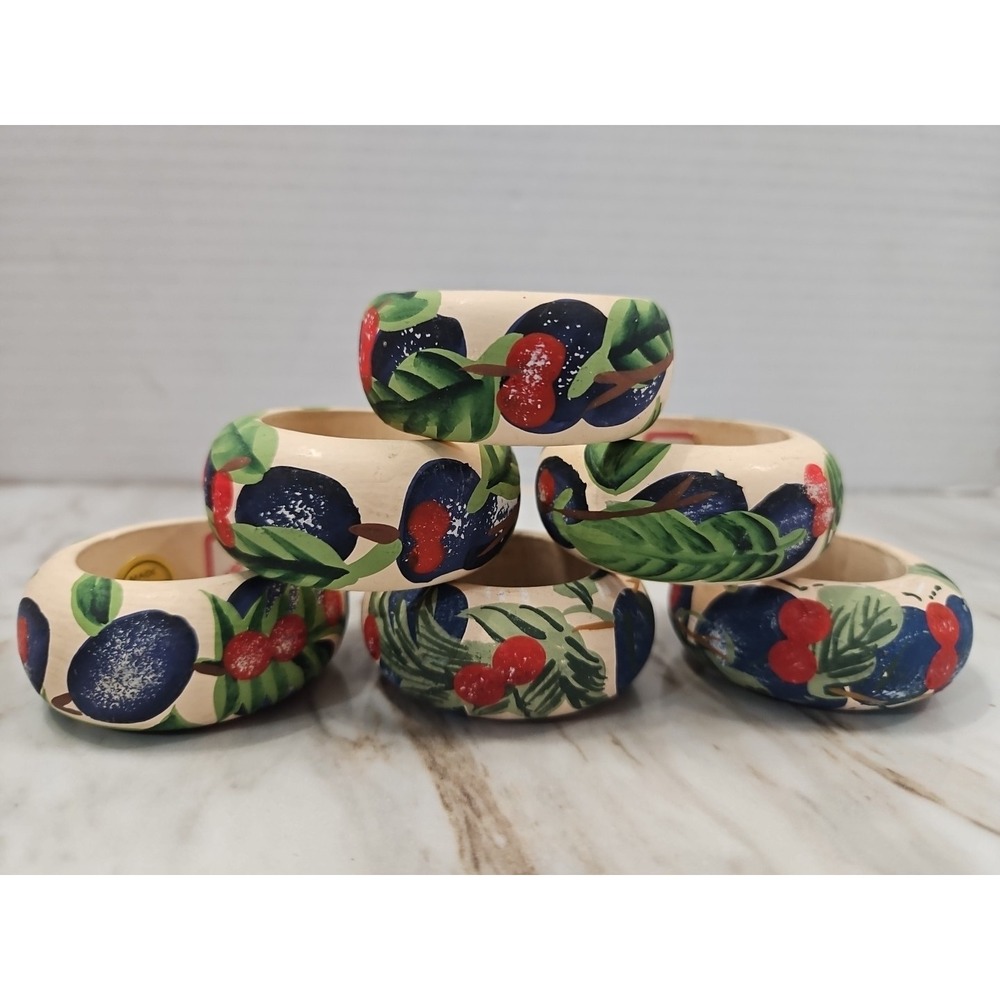 Audrey Brand Wooden Handpainted Napkin Rings Made Philippines Cherry Blueberries